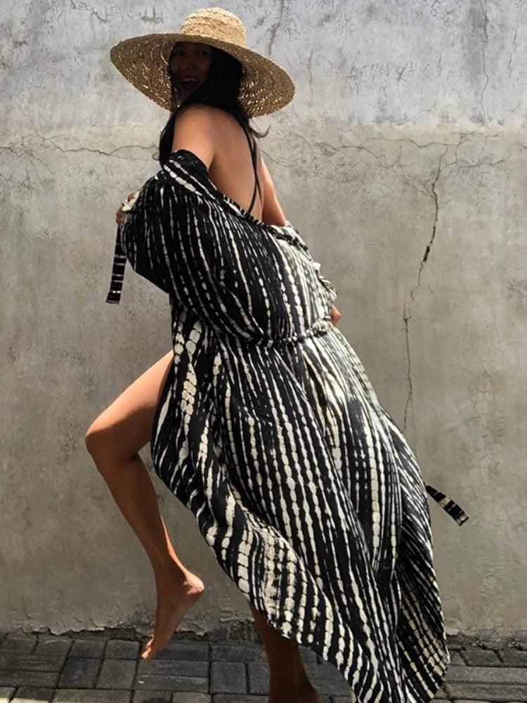 Bohemian Long Kimono, Beach Cover Ups Kimono, Tie Dye Kimono, Swimsuit Cape Summer Dress, Beachwear Cover Up Dress - Belleroz