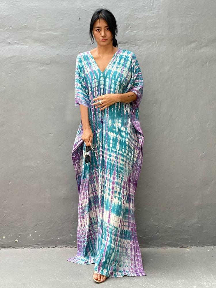 Bohemian Kaftan, Retro Striped Tie Dye Women Swimsuit Cover Up Bikini Wrap Beach Dress Beachwear Kimono Kaftan - Sandrine Swank