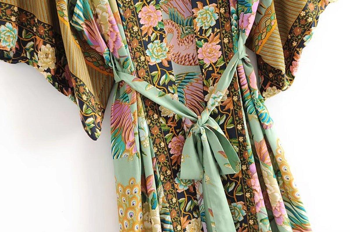 Bohemian Peacock Floral Print Bat Sleeve Kimono, Beach Bohemian Kimono, Maxi Robe Ladies V Neck Boho Summer Bikini Cover-up - Boldnaccs By Artisans