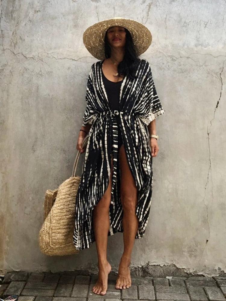 Bohemian Long Kimono, Beach Cover Ups Kimono, Tie Dye Kimono, Swimsuit Cape Summer Dress, Beachwear Cover Up Dress - Belleroz