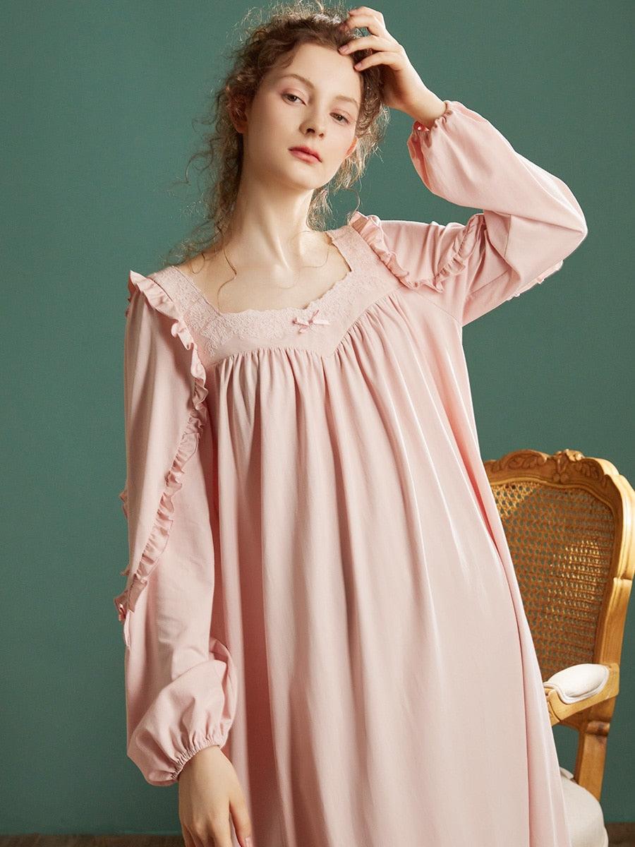 Vintage Cotton Nightgown For Women, Victorian Delicate Solid Color Nightgown - Belleroz