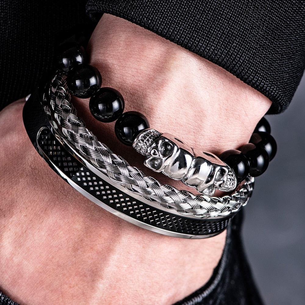 3pcs/set Stainless Steel Skull Skeleton Head Bangle Beaded Men Bracelets, Black Stone Braided Bracelet for Men - Sandrine Swank