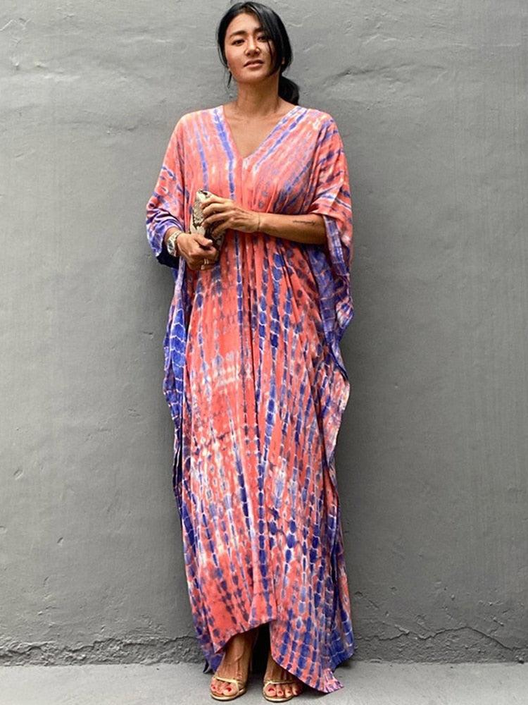 Bohemian Caftan, Bohemian Kaftan, Retro Striped Tie Dye Women Swimsuit Cover Up Bikini Wrap Beach Dress, Beachwear Kimono Kaftan - Sandrine Swank