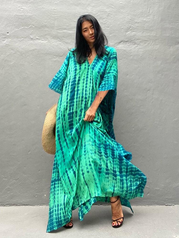 Bohemian Kaftan, Retro Striped Tie Dye Women Swimsuit Cover Up Bikini Wrap Beach Dress Beachwear Kimono Kaftan - Sandrine Swank