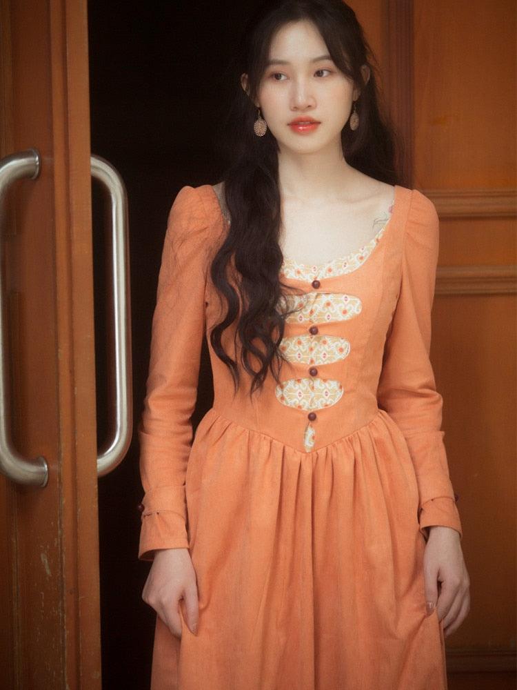 Elise Vintage Elegant Slim Princess Dress European Pastoral Long Sleeve High Waist Orange Suede Dress - Sandrine Swank