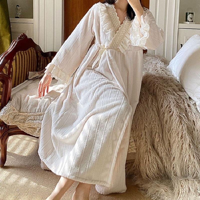 Vintage Flannel Warm Long Robes Dress, Vintage Embroidery Loose Nightgown, Victorian Nightgown - Belleroz