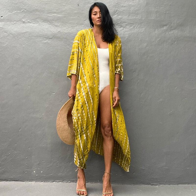 Bohemian Long Kimono, Beach Cover Ups Kimono, Tie Dye Kimono, Swimsuit Cape Summer Dress, Beachwear Cover Up Dress - Belleroz