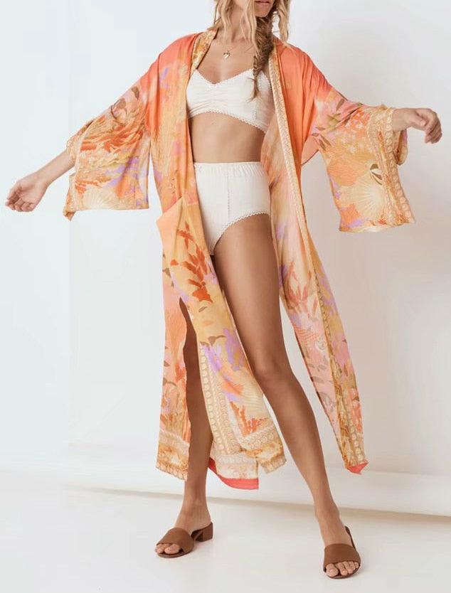 Bohemian Kimono, Floral Print Bat Sleeve Beach Bohemian Kimono Dresses Ladies V Neck Summer Boho Bikini Cover-up - Boldnaccs By Artisans