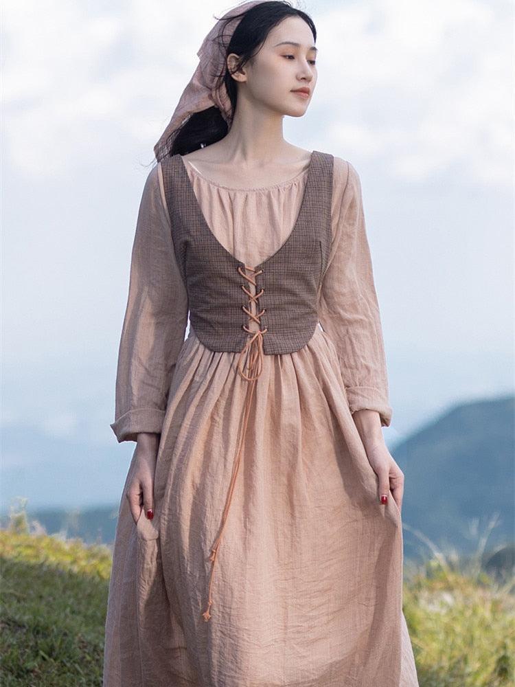Women Vintage Inspired Medieval Dress, Long Sleeve Linen Maxi