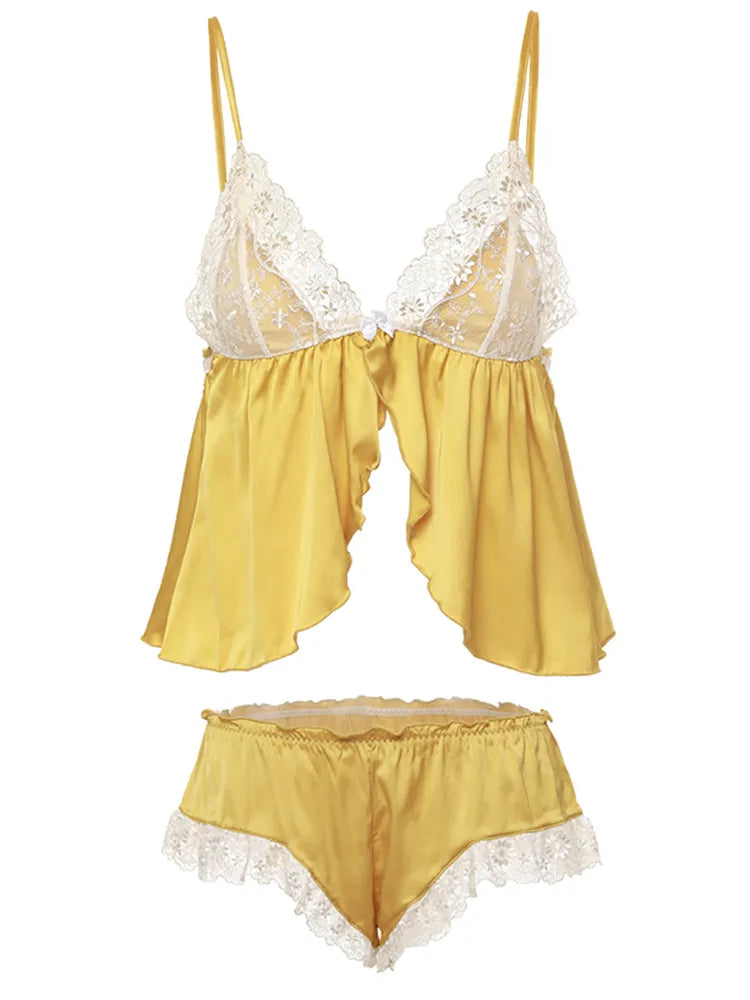 Sexy Embroidery Lace Bow Strap Cami and Shorts Lingerie Set