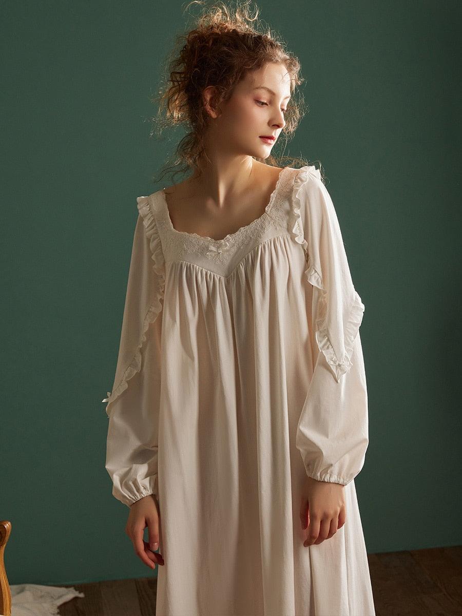 Vintage Cotton Nightgown For Women, Victorian Delicate Solid Color Nightgown - Belleroz