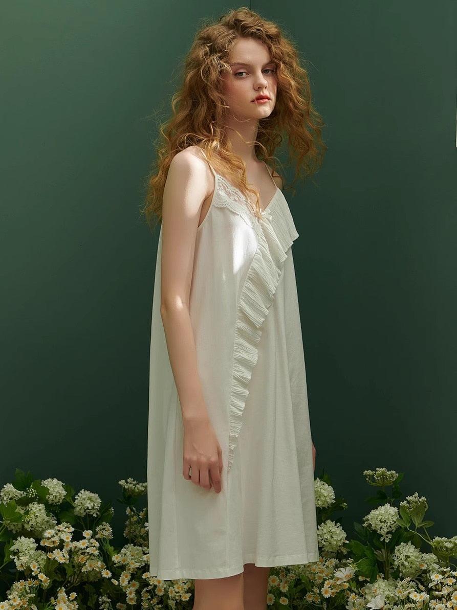 Retro V-neck Nightgown, Elegant Princess Summer Sleeveless Solid Color Nightwear - Belleroz