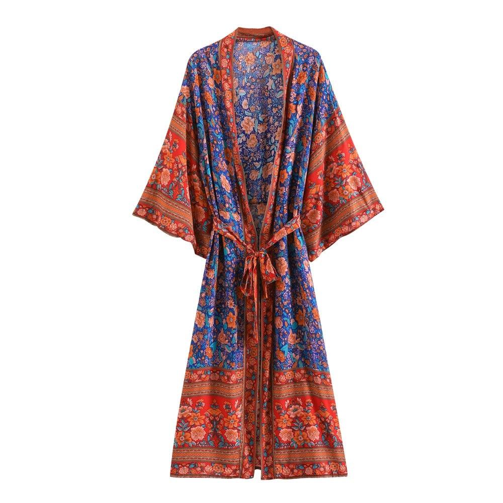 Bohemian Long Kimono, Peacock floral print bat sleeve beach Bohemian Kimono robe, Summer dress boho cover-up - Boldnaccs By Artisans