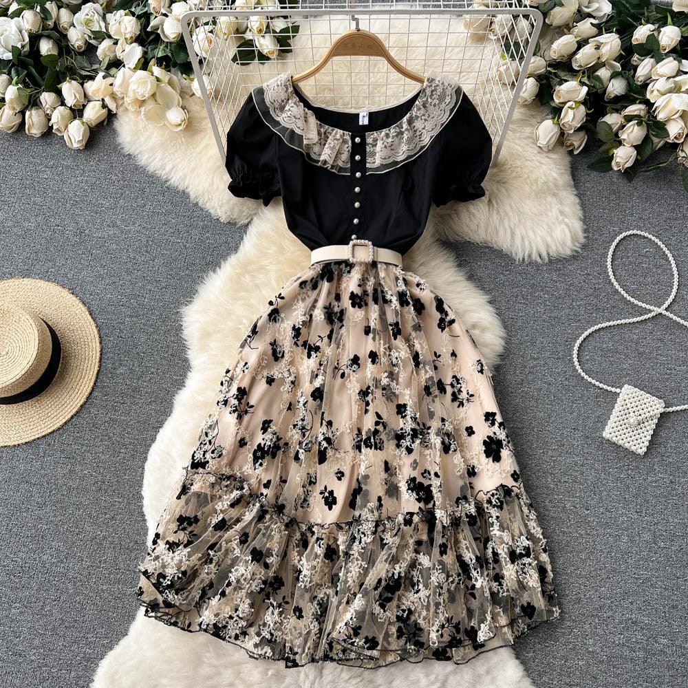 Bohemian Lace Mesh Embroidered Patchwork Dress, Women Short Sleeve Ruffles O Neck Pearls Belted Dress - Belleroz