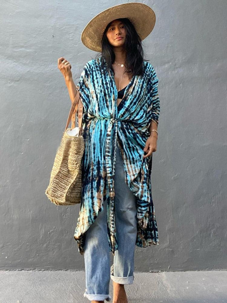 Bohemian Long Kimono, Beach Cover Ups Kimono, Tie Dye Kimono, Swimsuit Cape Summer Dress, Beachwear Cover Up Dress - Belleroz