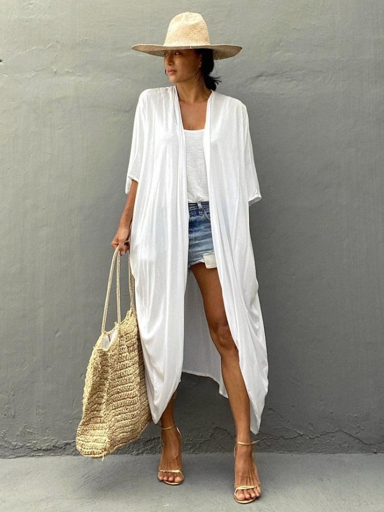 Bohemian Long Kimono, Beach Cover Up Kimono, Solid Color Bohemian Kimono - Boldnaccs By Artisans