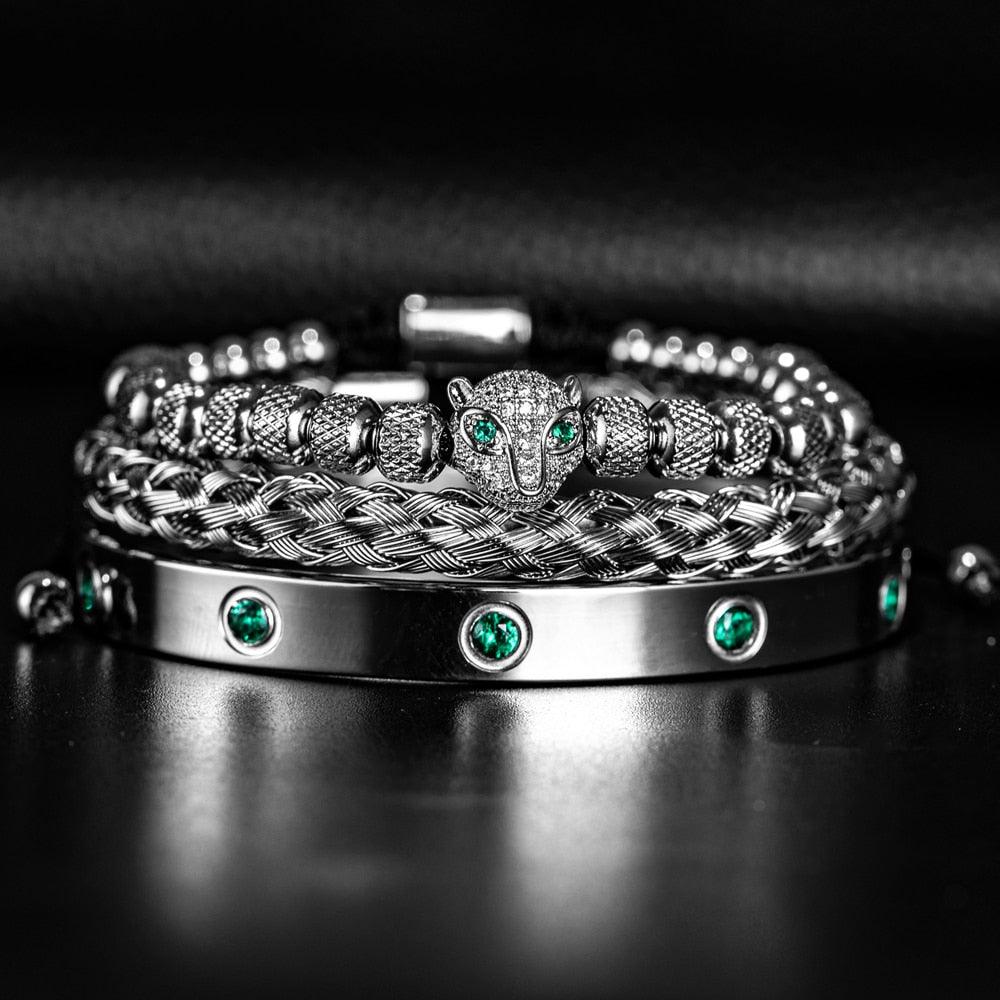 Luxury Micro Pave Green CZ Leopard Head Royal Charm Men Bracelets, Stainless Steel Crystals Bangles, Handmade Men Bracelets - Sandrine Swank