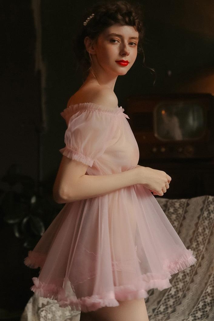 Transparent Delicate Gauze Babydoll Mini Dress Set - Belleroz