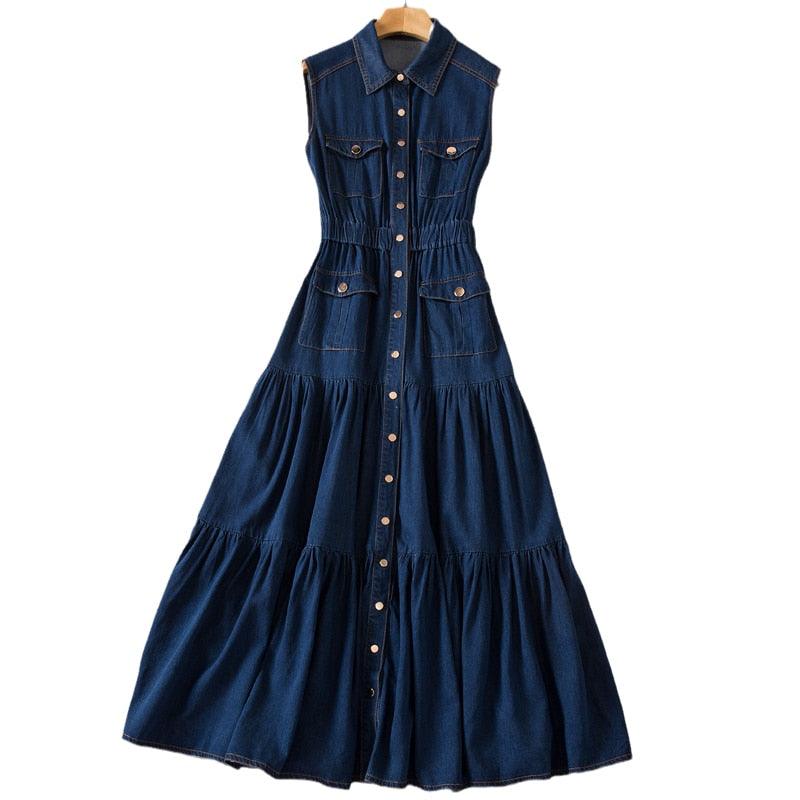 Midi Denim Dress, Designer Vintage Elegant Party Casual Single Breasted Long Dress - Belleroz