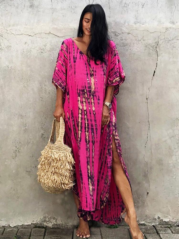 Bohemian Kaftan, Retro Striped Tie Dye Women Swimsuit Cover Up Bikini Wrap Beach Dress Beachwear Kimono Kaftan - Sandrine Swank