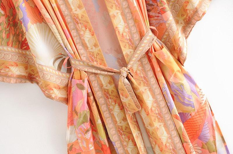 Bohemian Kimono, Floral Print Bat Sleeve Beach Bohemian Kimono Dresses Ladies V Neck Summer Boho Bikini Cover-up - Boldnaccs By Artisans