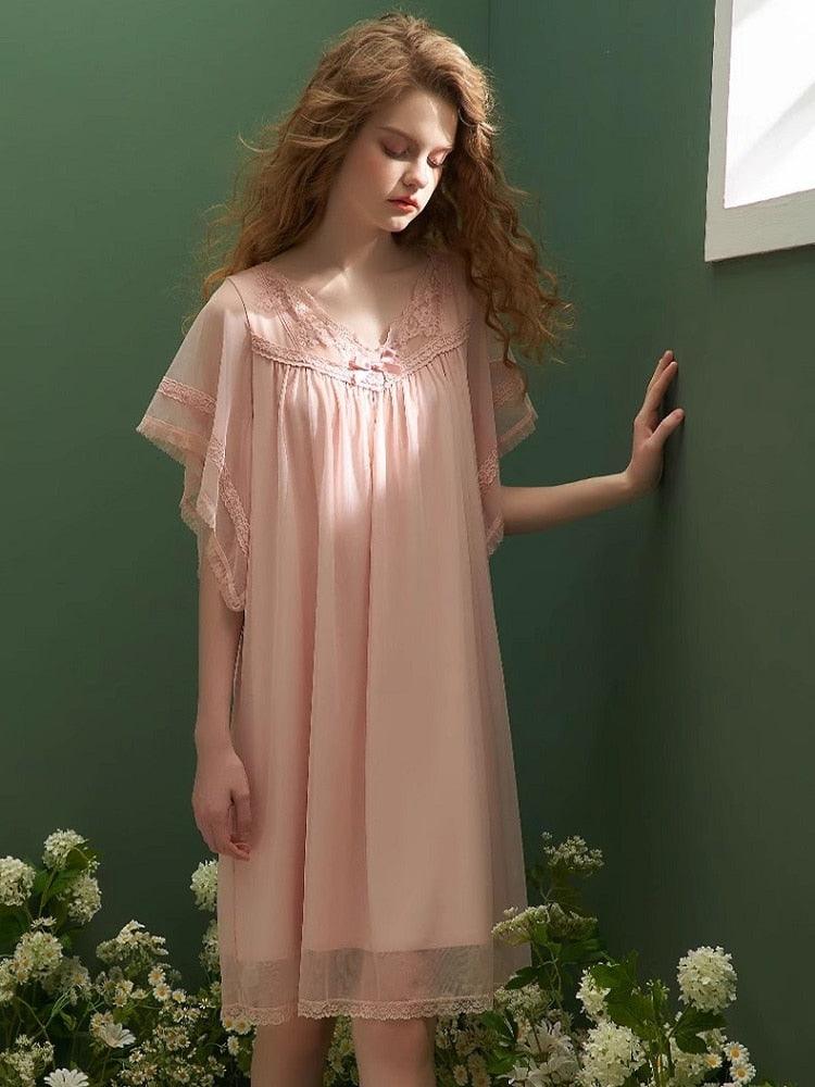 Vintage Gauze V- neck Short Sleeve Nightgown, Summer Lace Embroidery Loose Night Dress - Belleroz