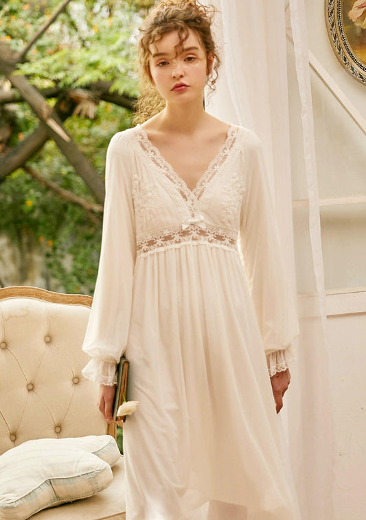 Victorian Nightgown, Vintage Cotton Women's Long Nightgown, Vintage Lace Deep V-Neck Nightdress - Belleroz