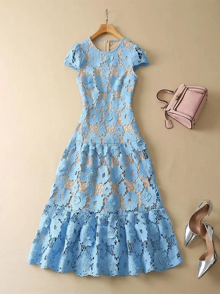 Boho Vintage Hollow Out Embroidery Lace Party Dress, Bohemian Short Sleeve Midi Dress - Belleroz