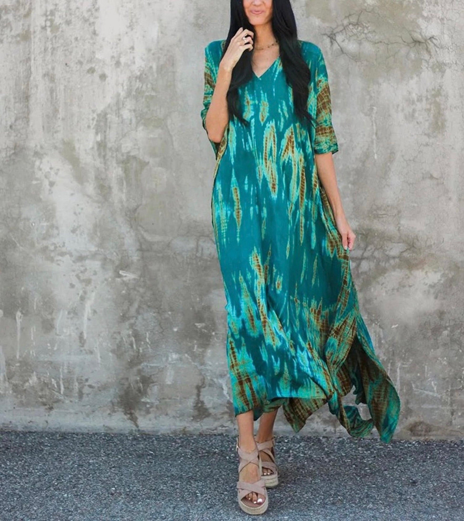 Tie Dye Boho Kaftan, Bohemian Kaftan Dress, Boho Retro Striped Tie Dye Women Swimsuit Cover Up, Beach Dress Kaftan - Sandrine Swank