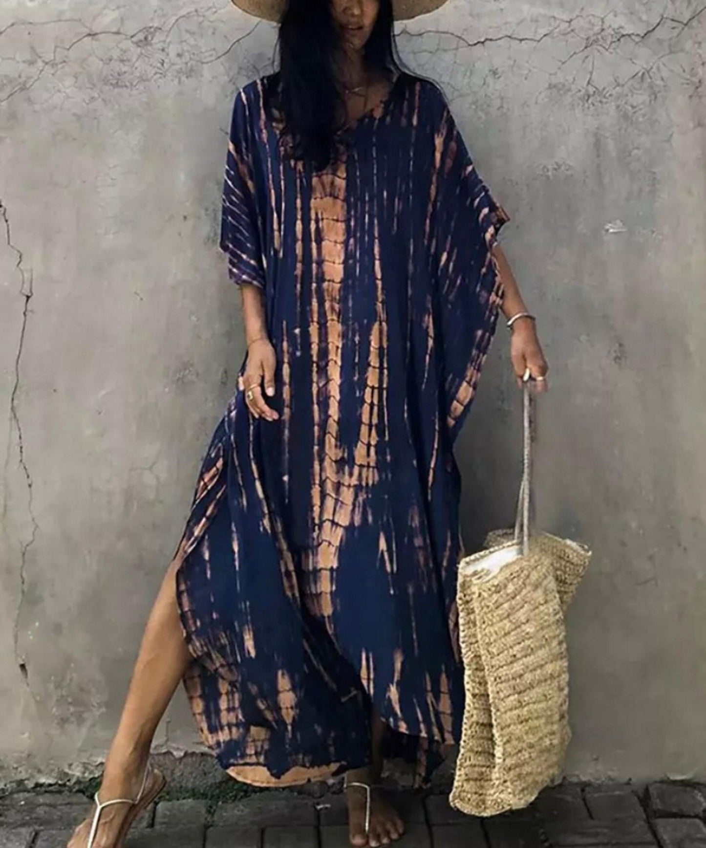 Bohemian Kaftan Dress, Boho Retro Striped Tie Dye Women Swimsuit Cover Up, Beach Dress Kaftan - Sandrine Swank