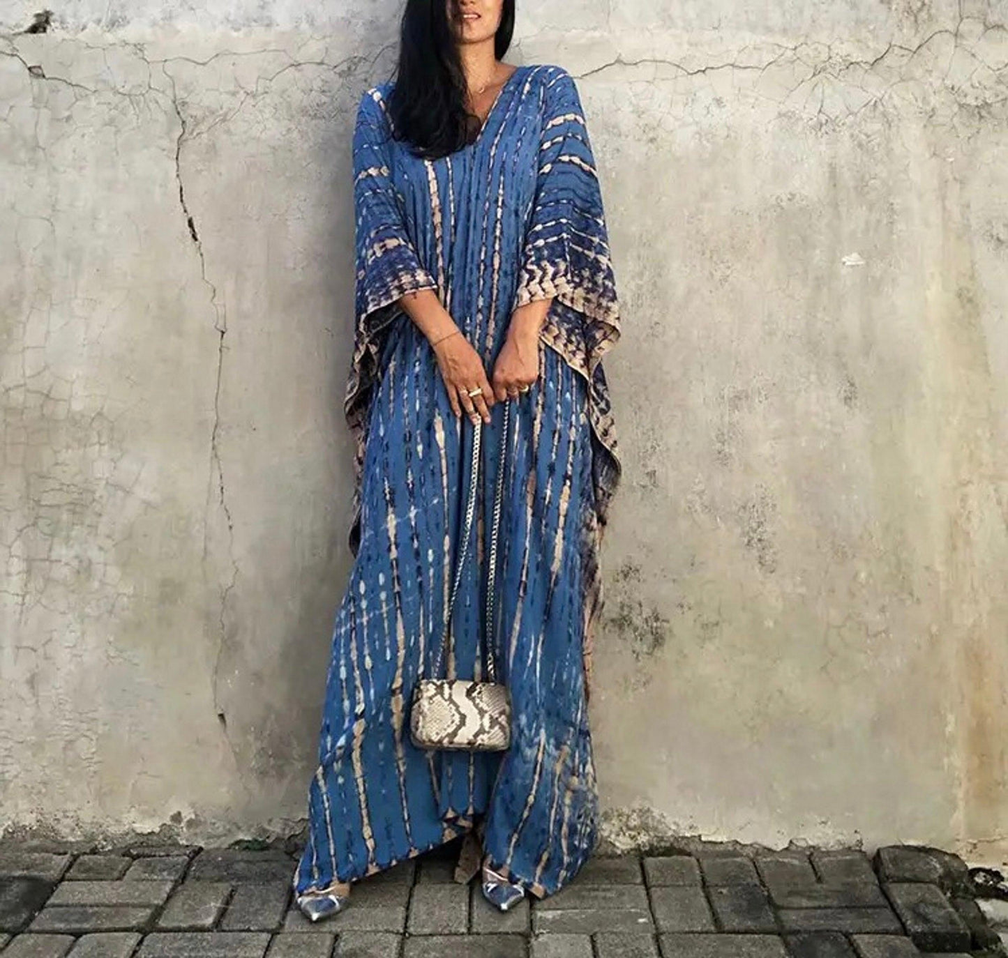 Tie Dye Boho Kaftan, Bohemian Kaftan Dress, Boho Retro Striped Tie Dye Women Swimsuit Cover Up, Beach Dress Kaftan - Sandrine Swank