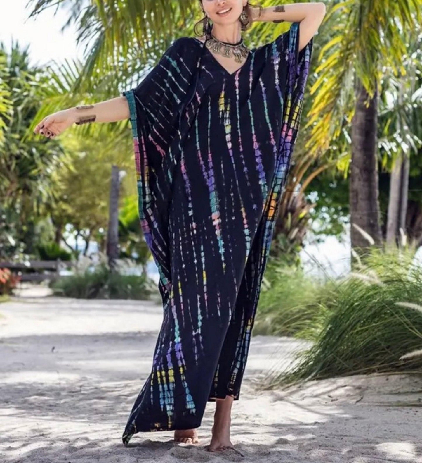 Bohemian Kaftan, Boho Retro Striped Tie Dye Women Swimsuit Cover Up, Beach Dress Kaftan - Sandrine Swank