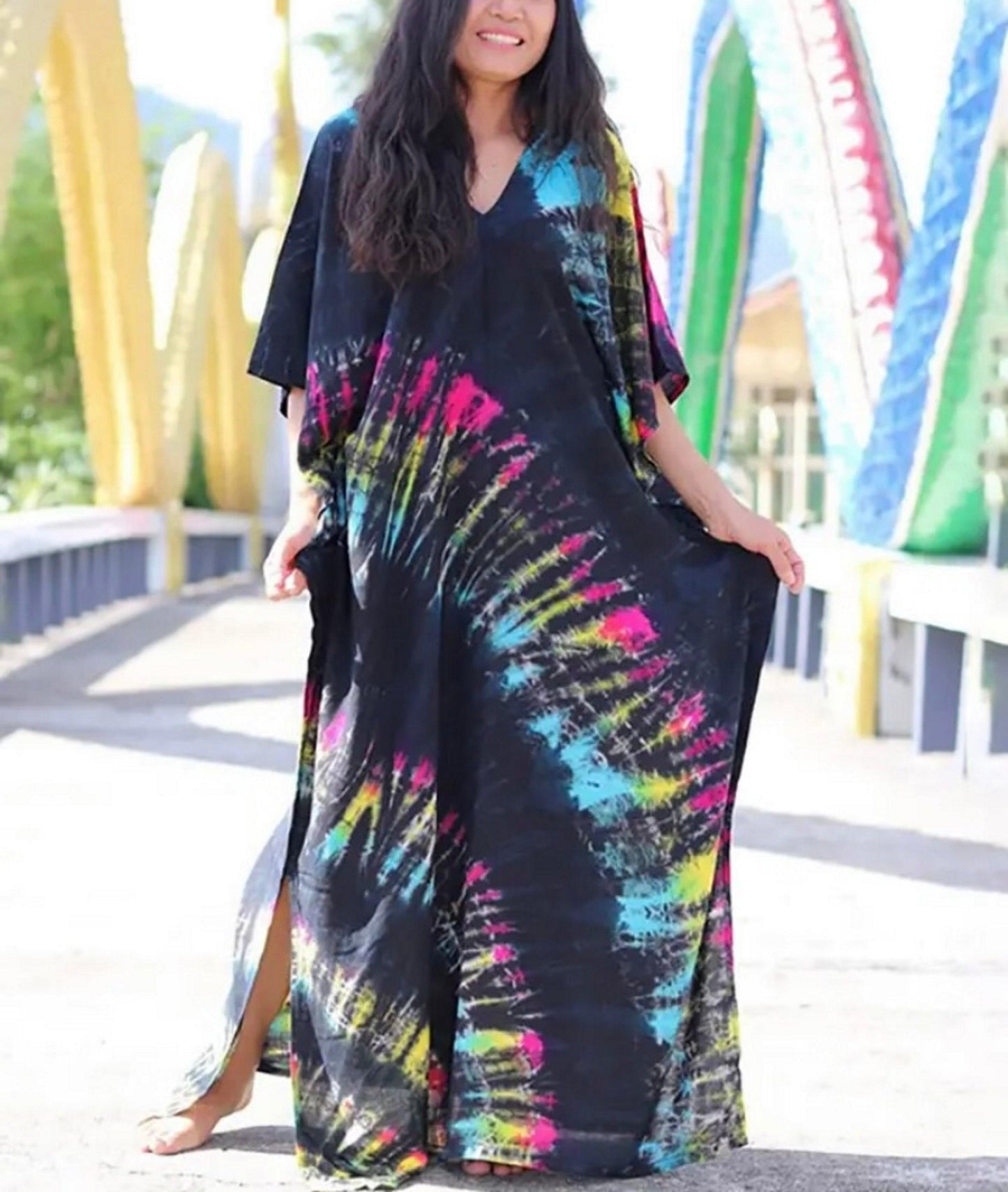 Tie Dye Boho Kaftan, Bohemian Kaftan Dress, Boho Retro Striped Tie Dye Women Swimsuit Cover Up, Beach Dress Kaftan - Sandrine Swank