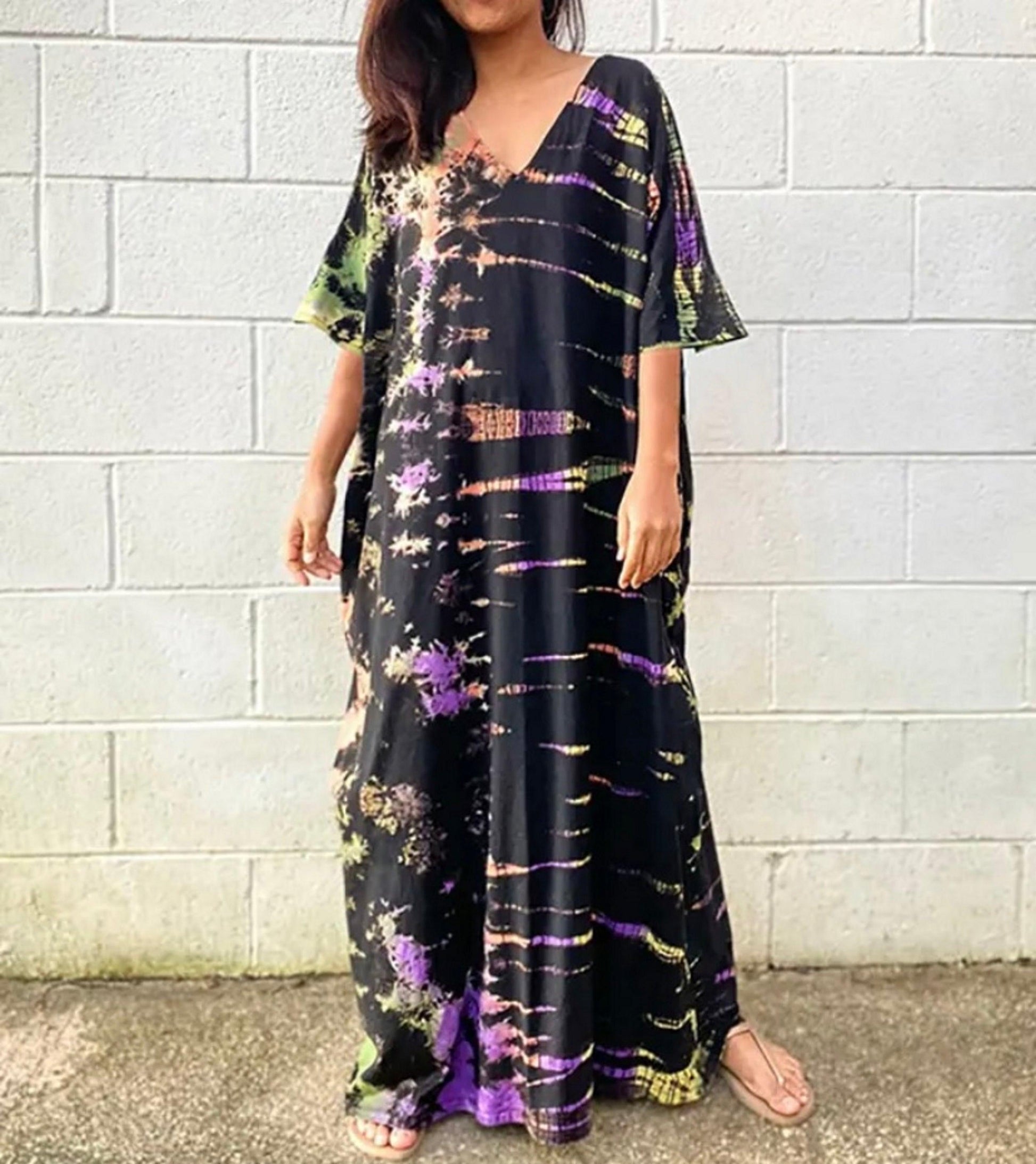 Tie Dye Boho Kaftan, Bohemian Kaftan Dress, Boho Retro Striped Tie Dye Women Swimsuit Cover Up, Beach Dress Kaftan - Sandrine Swank