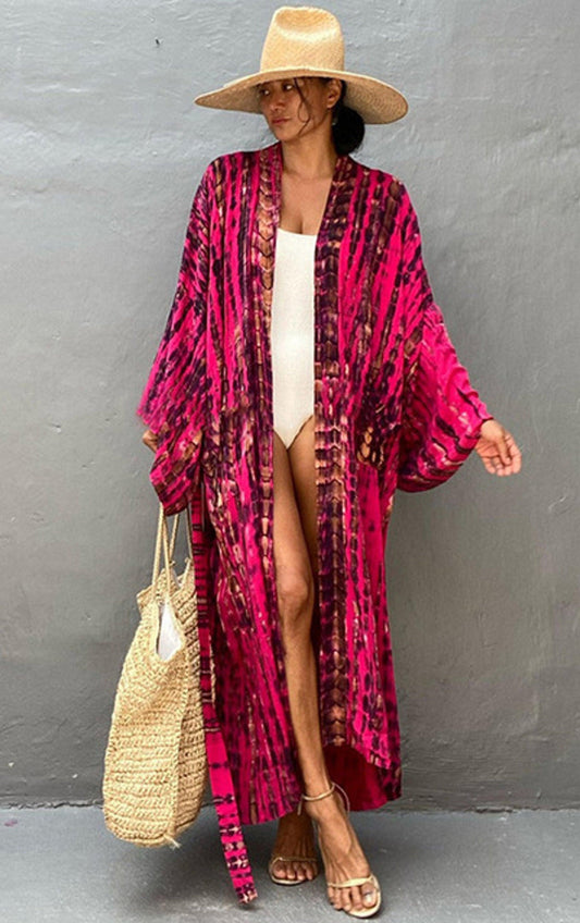 Bohemian striped Print V-neck batwing Sleeves Sashes Kimono, Kimono robe Ladies Boho Maxi Bikini Cover-up - Boldnaccs By Artisans