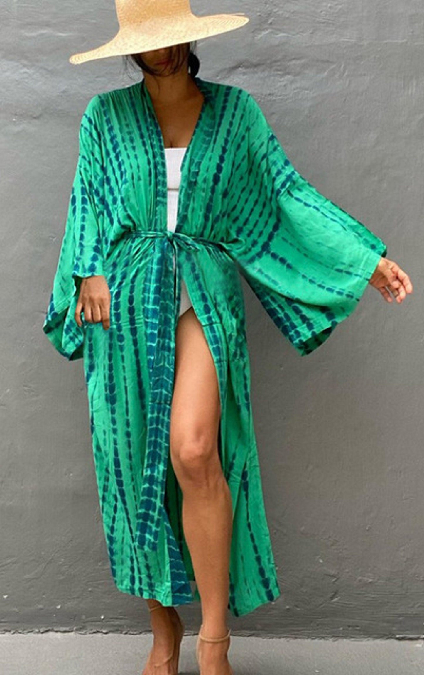 Bohemian striped Print V-neck batwing Sleeves Sashes Kimono, Kimono robe Ladies Boho Maxi Bikini Cover-up - Boldnaccs By Artisans