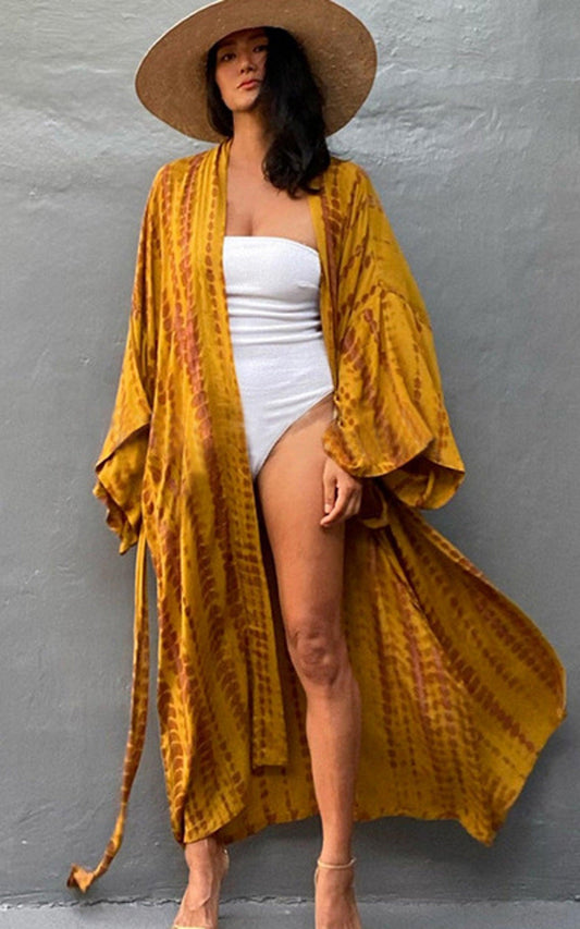 Bohemian striped Print V-neck batwing Sleeves Sashes Kimono, Kimono robe Ladies Boho Maxi Bikini Cover-up - Boldnaccs By Artisans