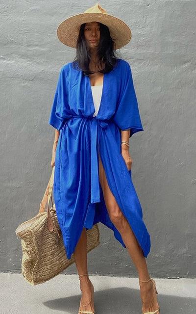 Bohemian Long Kimono, Beach Cover Up Kimono, Solid Color Bohemian Kimono - Boldnaccs By Artisans