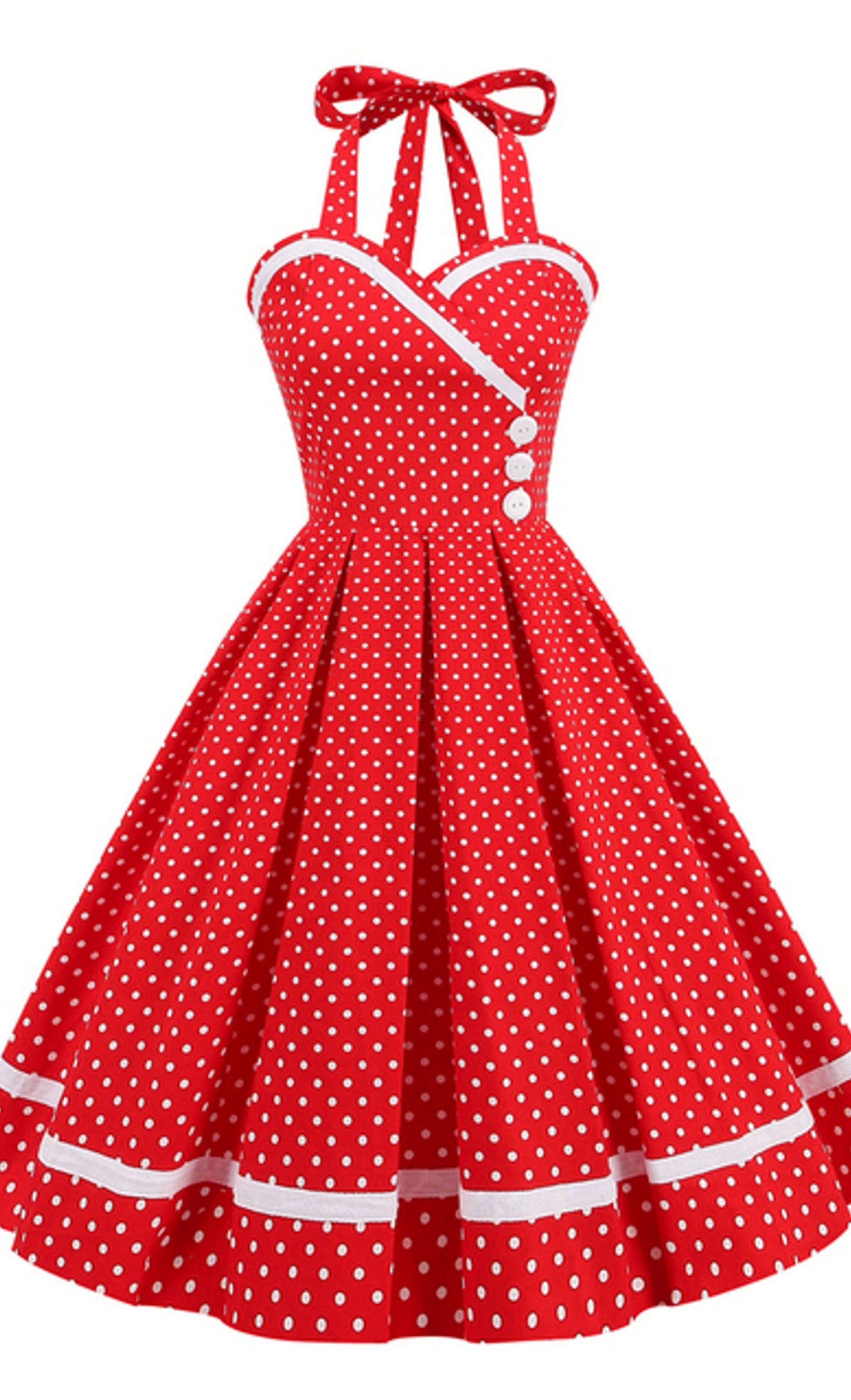 Vintage Summer Dress, Retro Midi Dress, Halter Neck Buttons Polka Dot Women Rockabilly Vintage Pleated Dress, Cotton Party Wear Ladies Dresses 1950s - Boldnaccs By Artisans