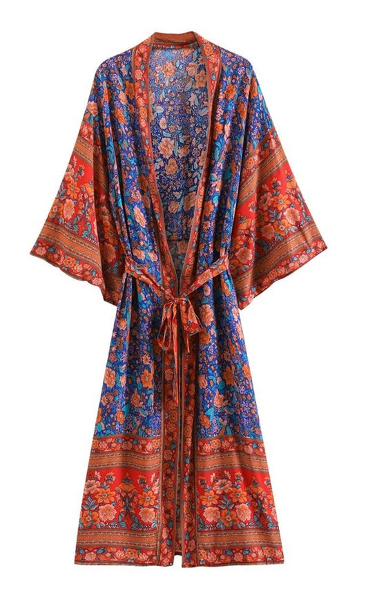 Bohemian Long Kimono, Floral Print Bat Sleeve Beach Bohemian Kimono Robe, Summer Dress Kimono, Boho Cover-Up - Belleroz