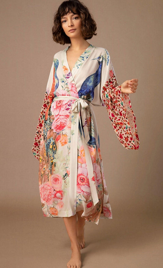 Bohemian Beach Kimono, Women Peacock Printed Swimsuit Cover Up Self Belted Wrap Dresses Seaside Bathing Suits Beachwear - Belleroz