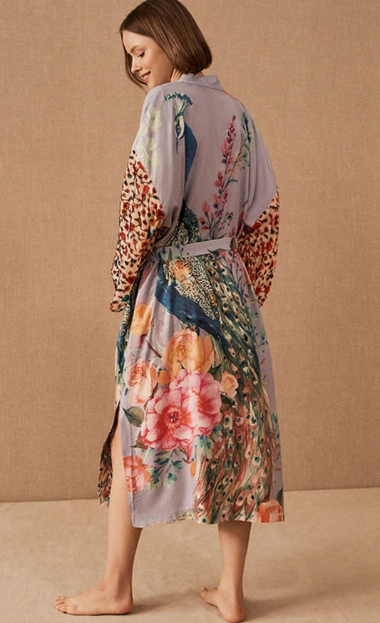 Bohemian Long Kimono, Women Peacock Printed Swimsuit Cover Up Self Belted Wrap Dresses Seaside Bathing Suits Beachwear - Belleroz