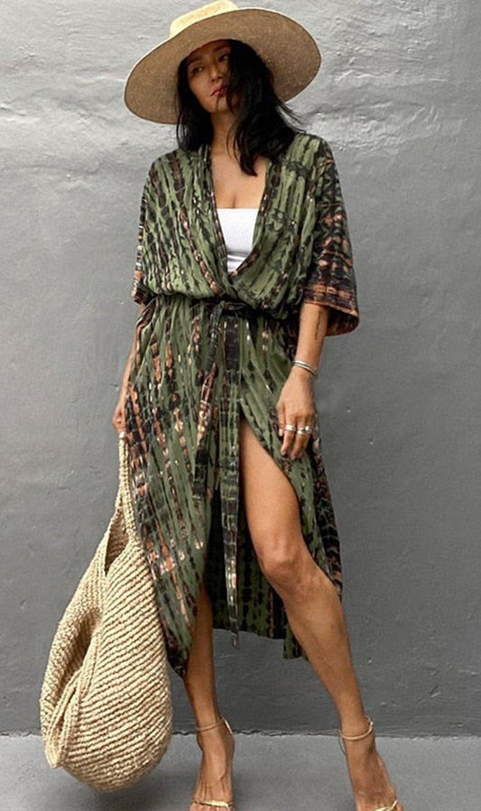 Bohemian Long Kimono, Beach Cover Ups Kimono, Tie Dye Kimono, Swimsuit Cape Summer Dress, Beachwear Cover Up Dress - Belleroz