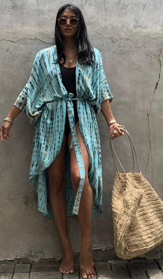 Bohemian Long Kimono, Beach Cover Ups Kimono, Tie Dye Kimono, Swimsuit Cape Summer Dress, Beachwear Cover Up Dress - Belleroz