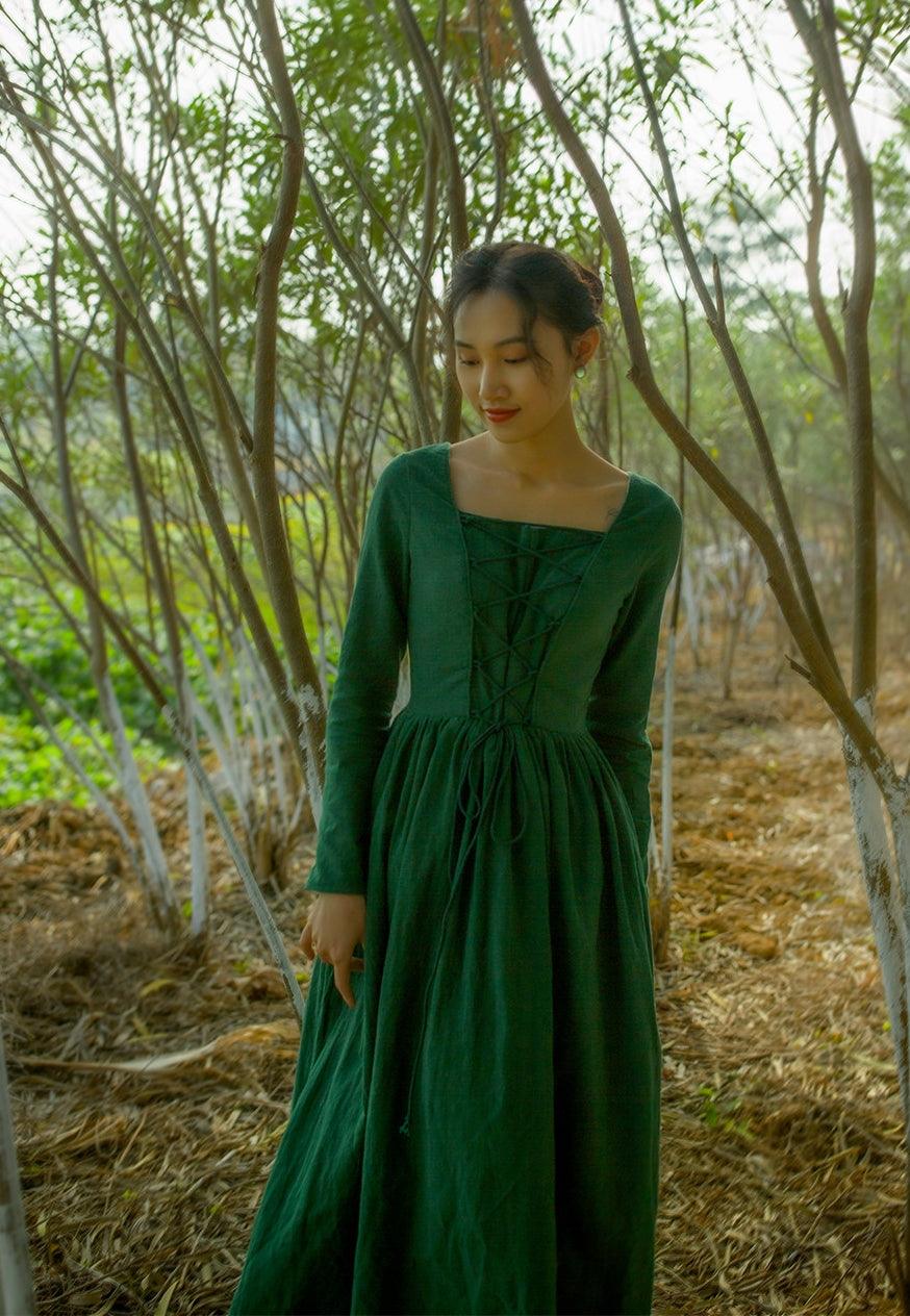 Elsie Vintage Pastoral Style Green Cotton And Linen Long Dress Medieval Retro Elegant Slim Bandage Dresses - Sandrine Swank