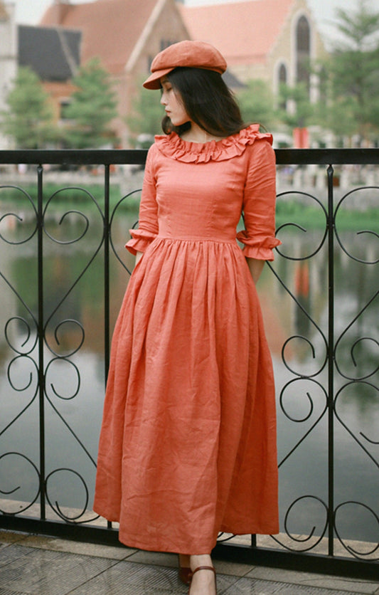 Hazel Vintage Elegant Slim Slash Neck Half Sleeve Cotton Linen Long Dresses - Sandrine Swank