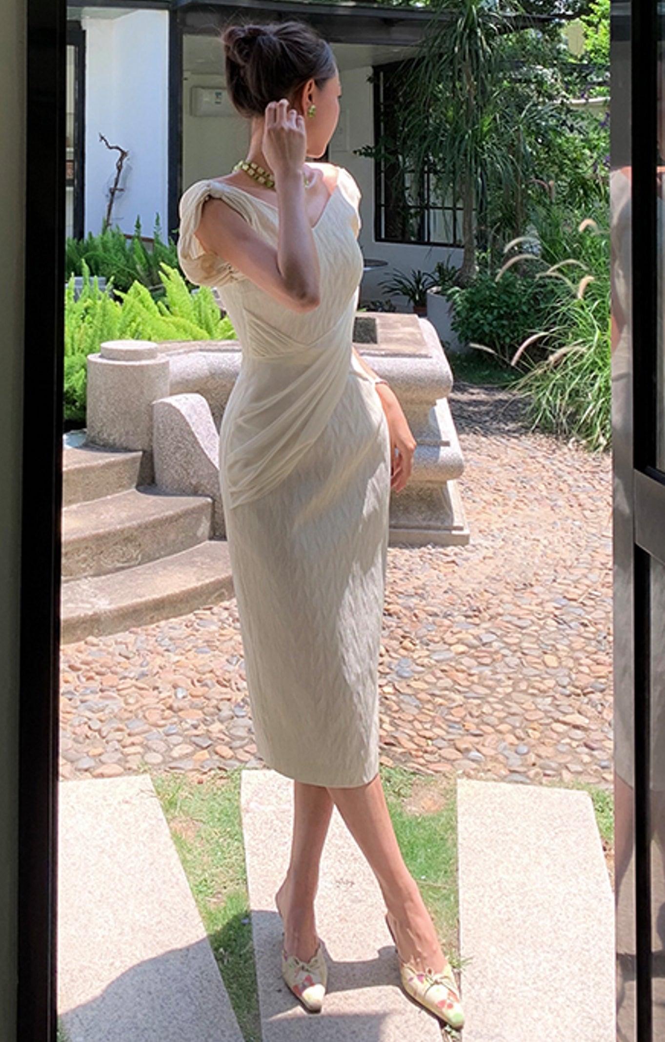 Elsie Midi Dress Women Vintage Elegant Slim Sexy V-Neck Backless Dress Pleated Bodycon Dress - Sandrine Swank