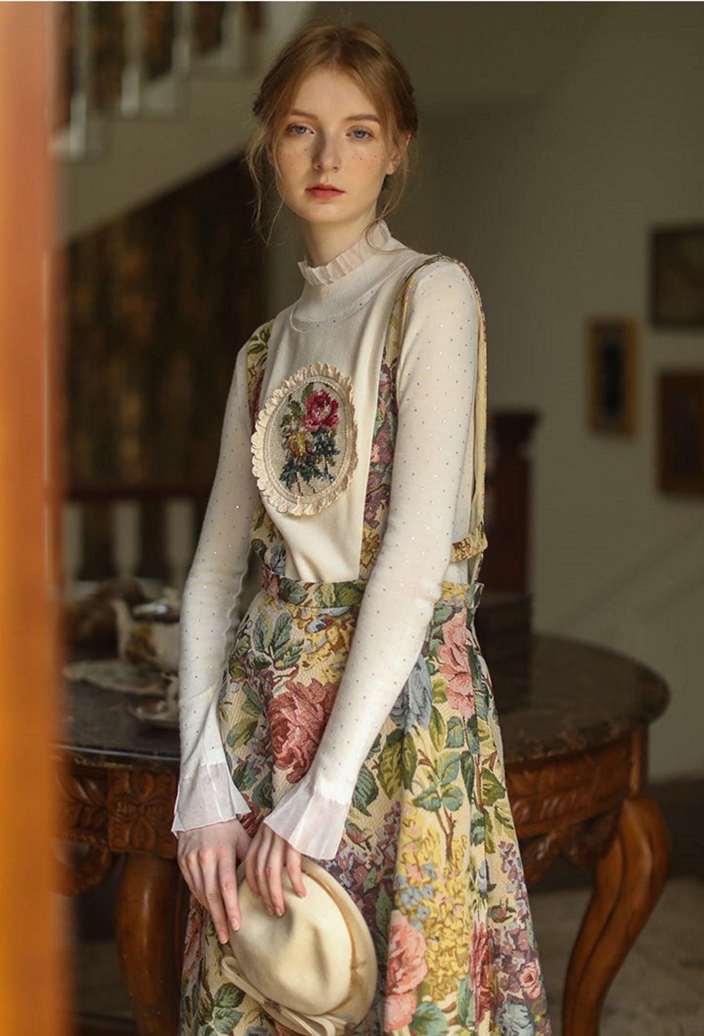 Elsie Elegant Slim Sling Dress Mori Girls Handmade Embroidery Vintage Oil Painting Jacquard Vest Dress - Sandrine Swank