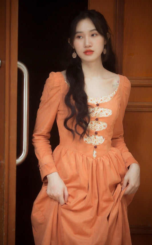 Elise Vintage Elegant Slim Princess Dress European Pastoral Long Sleeve High Waist Orange Suede Dress - Sandrine Swank