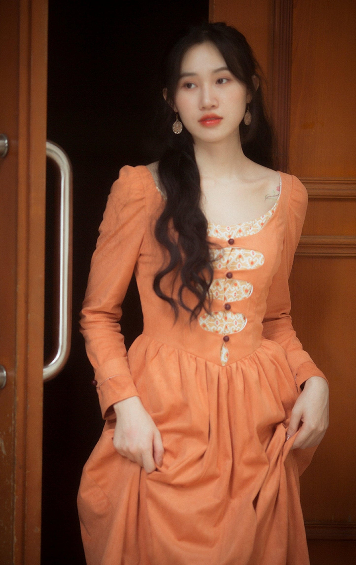 Elise Vintage Elegant Slim Princess Dress European Pastoral Long Sleeve High Waist Orange Suede Dress - Sandrine Swank